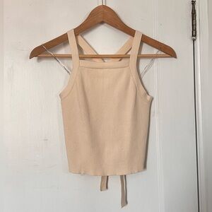 Square-Neck Ribbed Tank Top with Back Tie in Cream